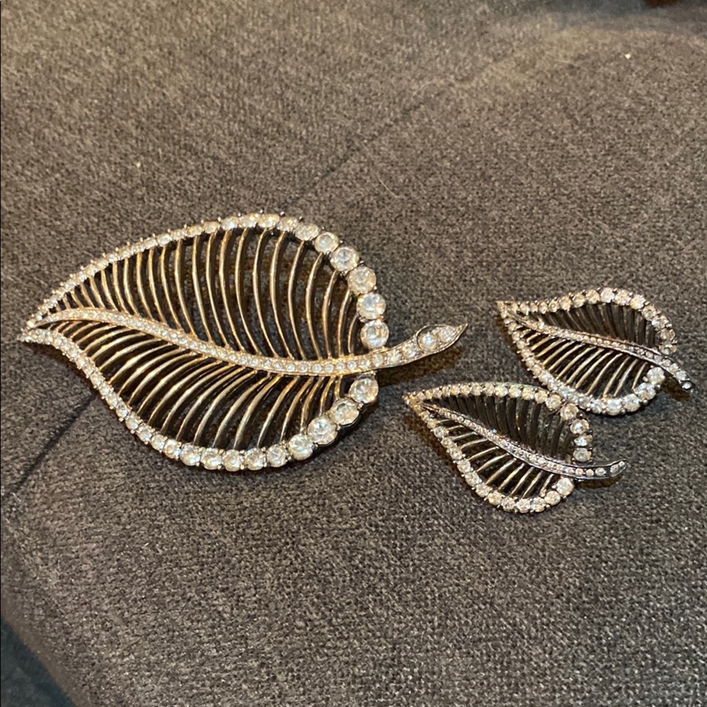 Nettie Rosenstein Sterling Silver and Crystal Pin and and Clip Earrings